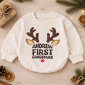 My First Christmas Reindeer Baby Romper, Personalized Name Holiday Outfit, Custom 1st Christmas Gift for Baby Boys & Girls — product view 1