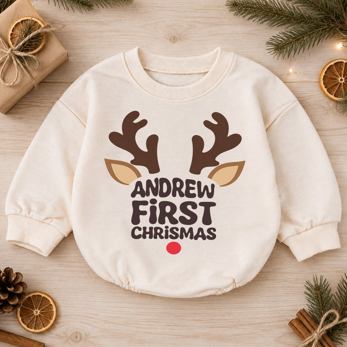My First Christmas Reindeer Baby Romper, Personalized Name Holiday Outfit, Custom 1st Christmas Gift for Baby Boys & Girls — product view 1