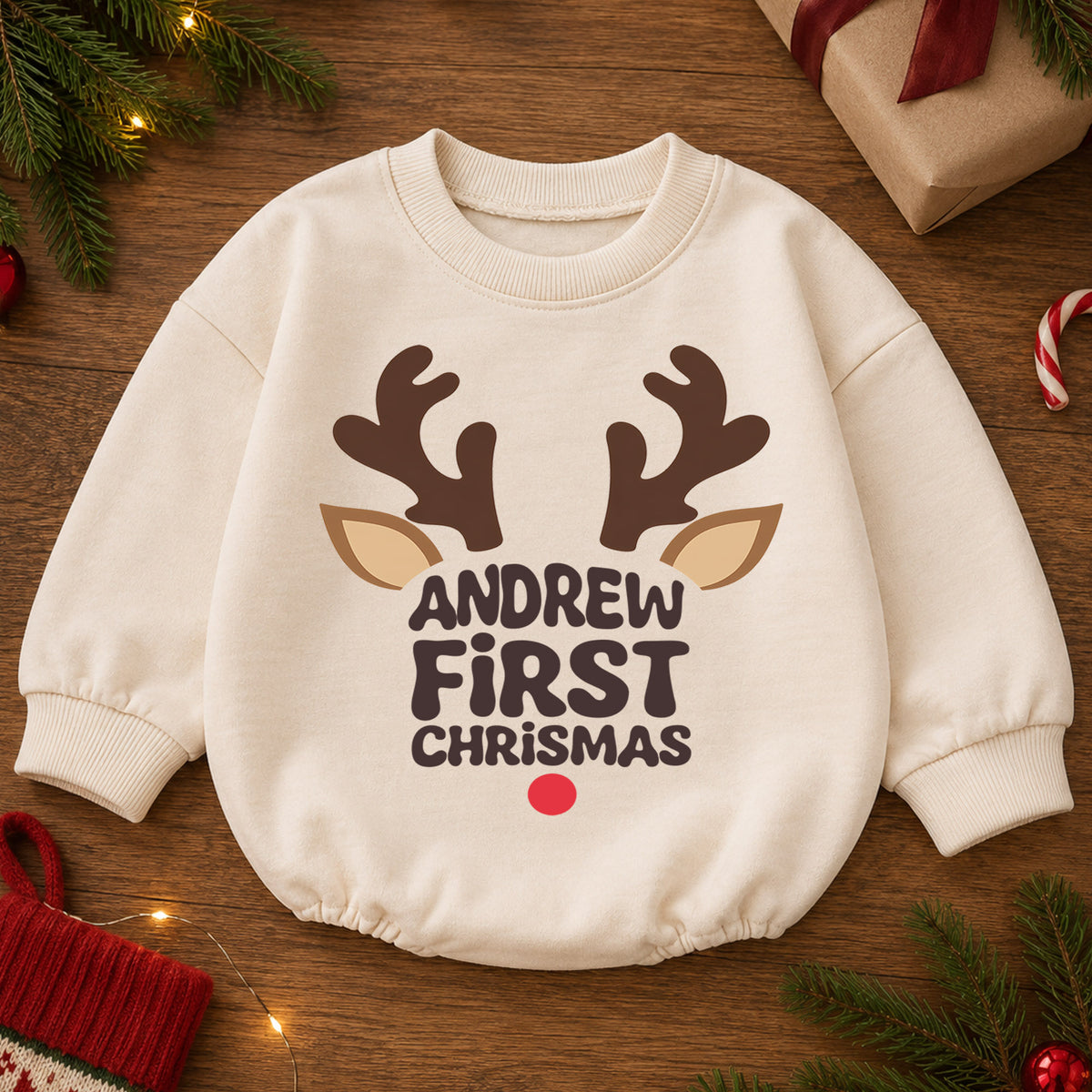 My First Christmas Reindeer Baby Romper, Personalized Name Holiday Outfit, Custom 1st Christmas Gift for Baby Boys & Girls — product view 2