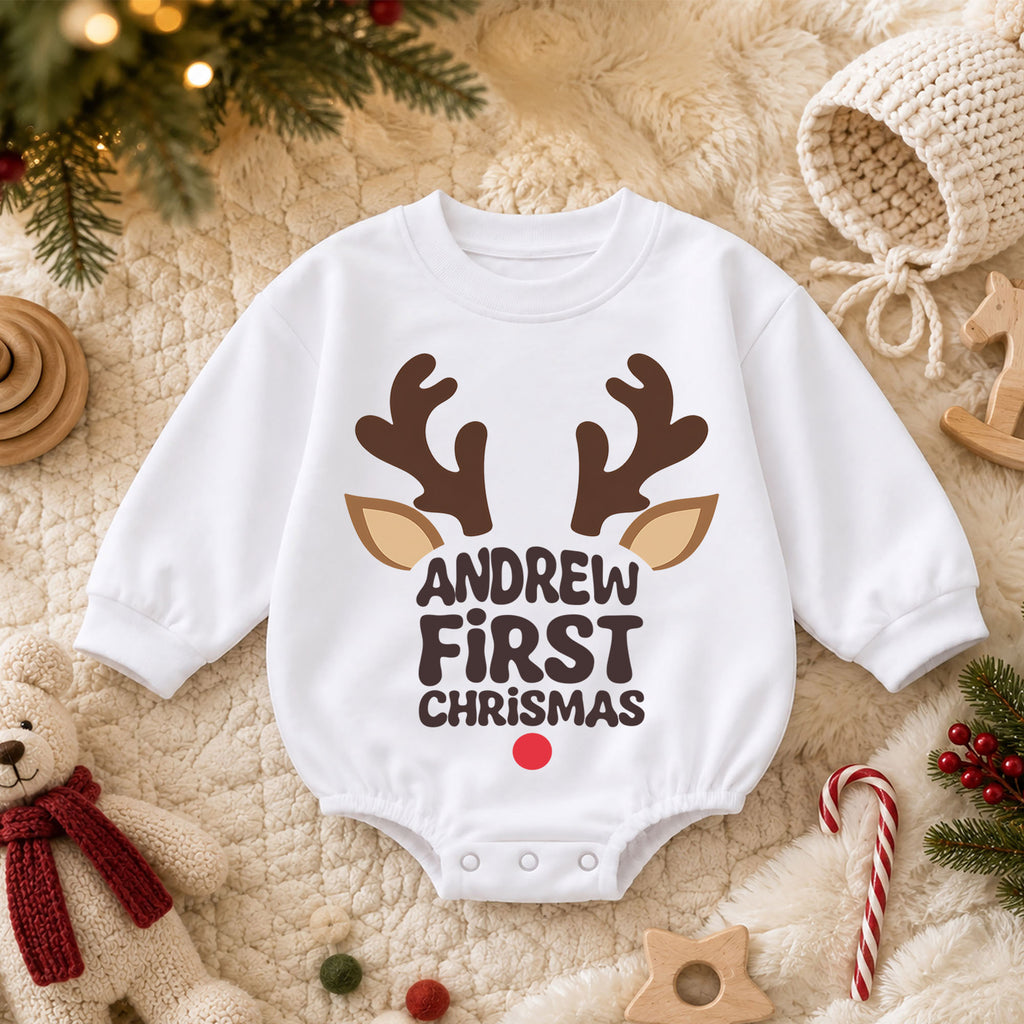 My First Christmas Reindeer Baby Romper, Personalized Name Holiday Outfit, Custom 1st Christmas Gift for Baby Boys & Girls — product view 3