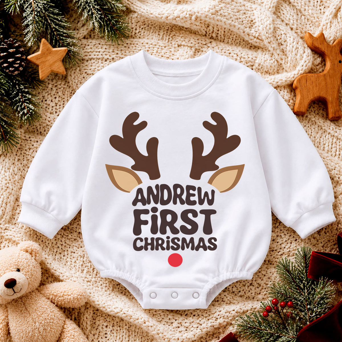 My First Christmas Reindeer Baby Romper, Personalized Name Holiday Outfit, Custom 1st Christmas Gift for Baby Boys & Girls — product view 4