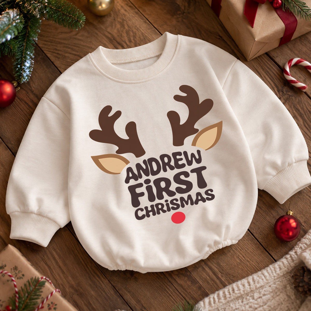 My First Christmas Reindeer Baby Romper, Personalized Name Holiday Outfit, Custom 1st Christmas Gift for Baby Boys & Girls — product view 5