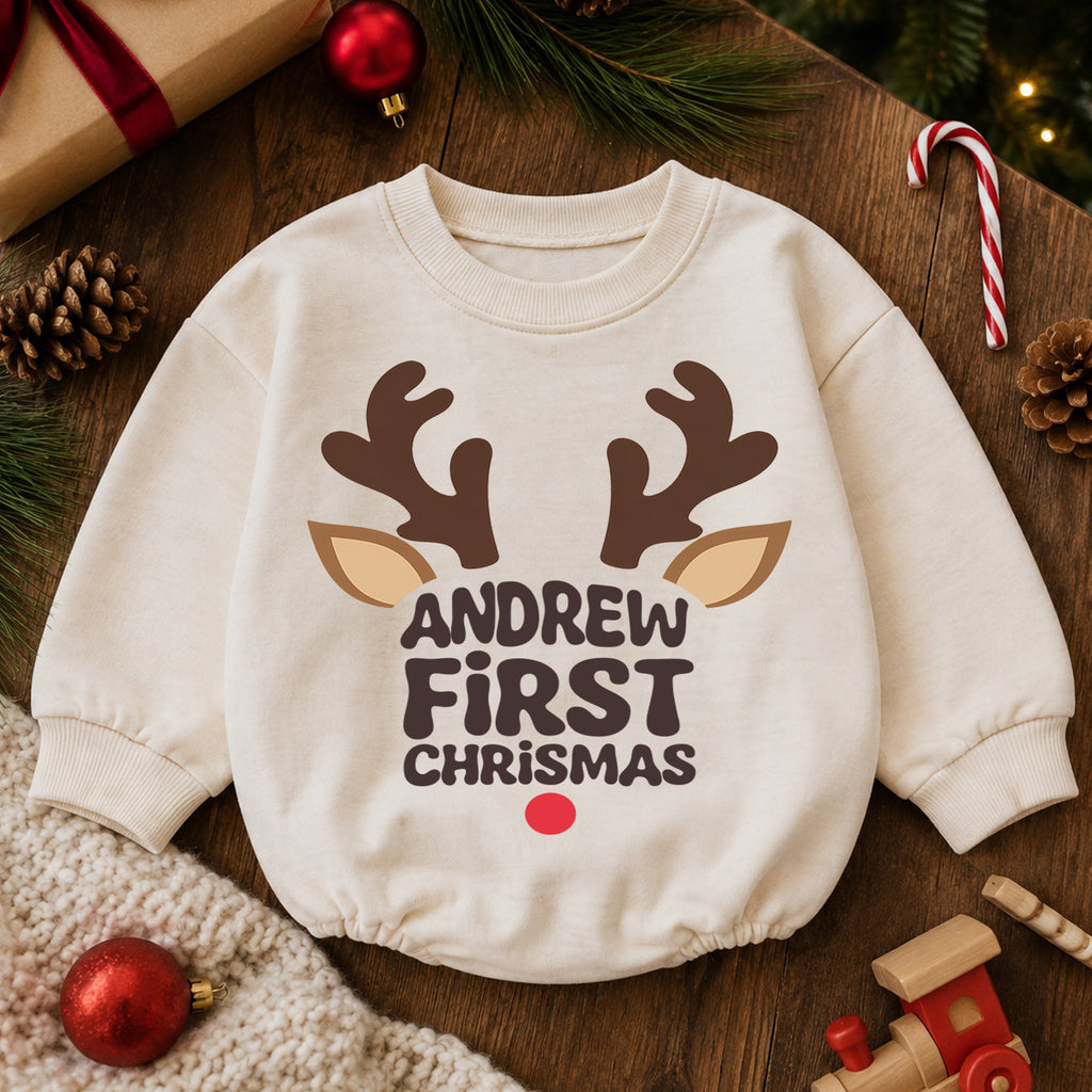 My First Christmas Reindeer Baby Romper, Personalized Name Holiday Outfit, Custom 1st Christmas Gift for Baby Boys & Girls — product view 6