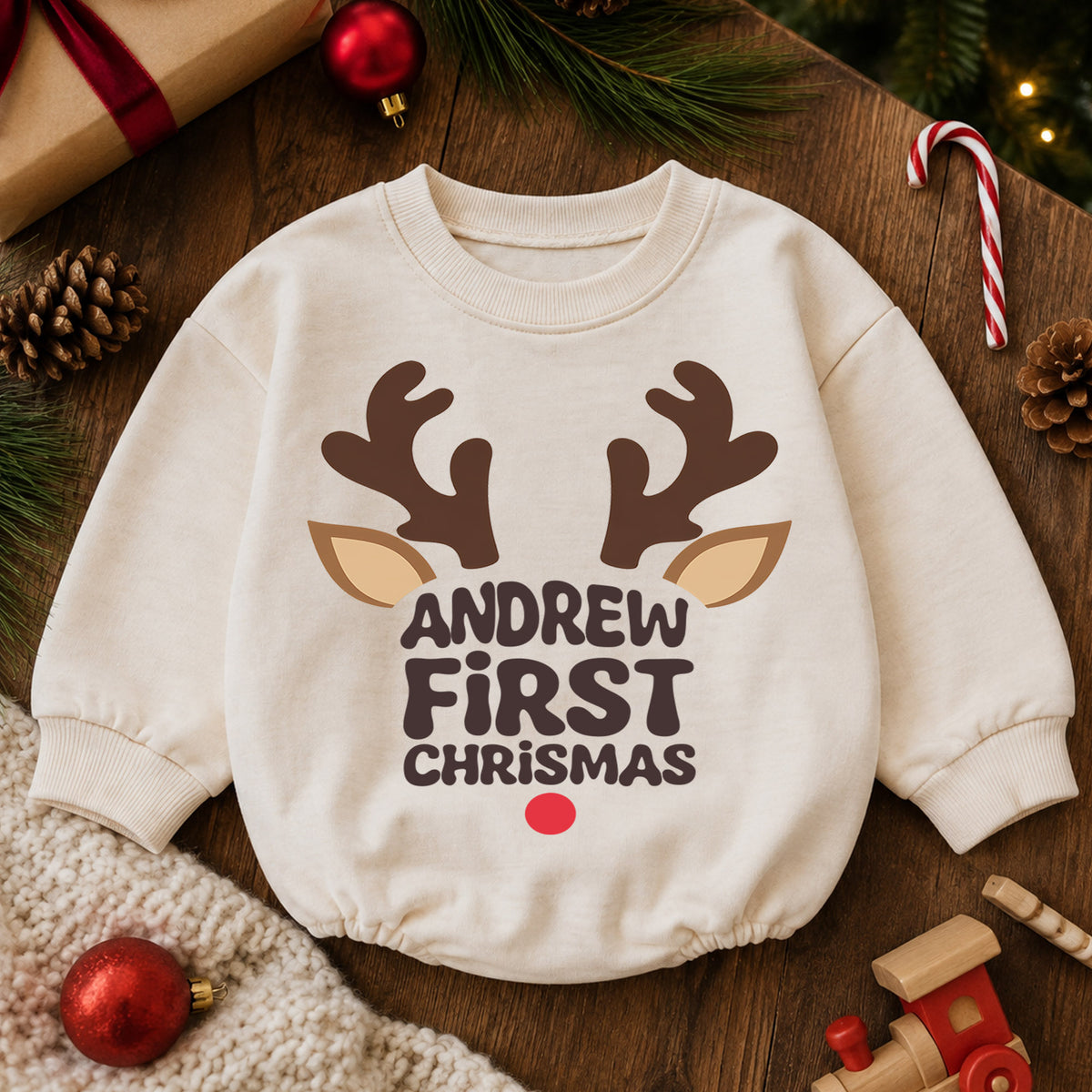 My First Christmas Reindeer Baby Romper, Personalized Name Holiday Outfit, Custom 1st Christmas Gift for Baby Boys & Girls — product view 6