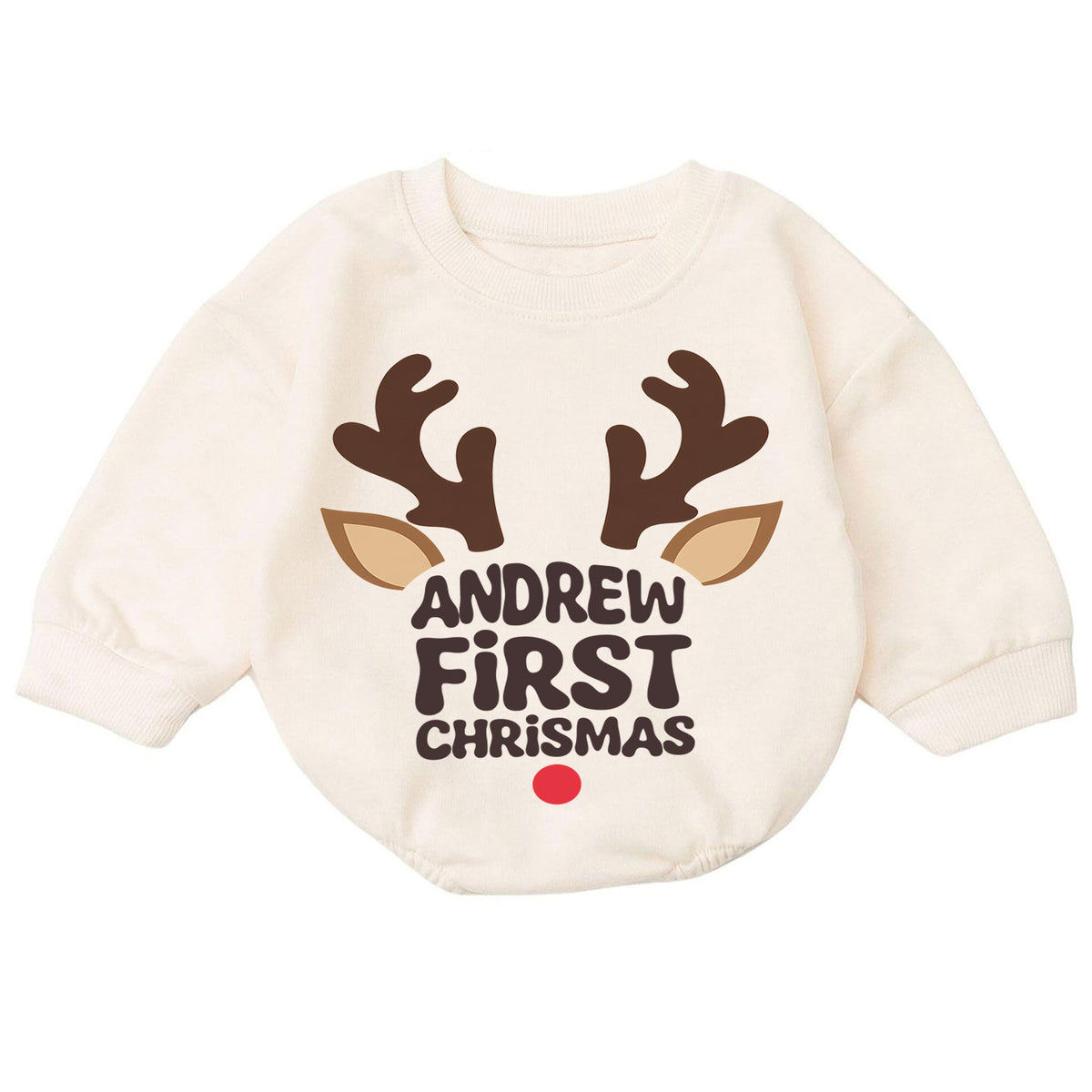 My First Christmas Reindeer Baby Romper, Personalized Name Holiday Outfit, Custom 1st Christmas Gift for Baby Boys & Girls — product view 7