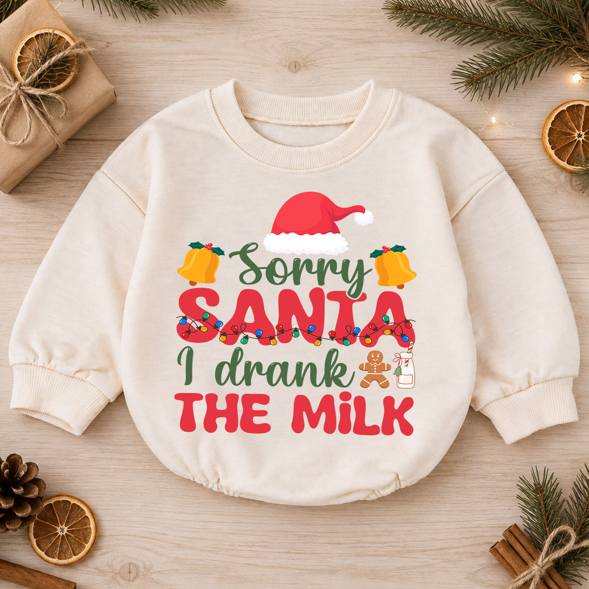 Sorry Santa I Drank the Milk Baby Romper, Christmas Lights Romper, Funny Toddler Xmas Outfit, Christmas Eve Gift — product view 1