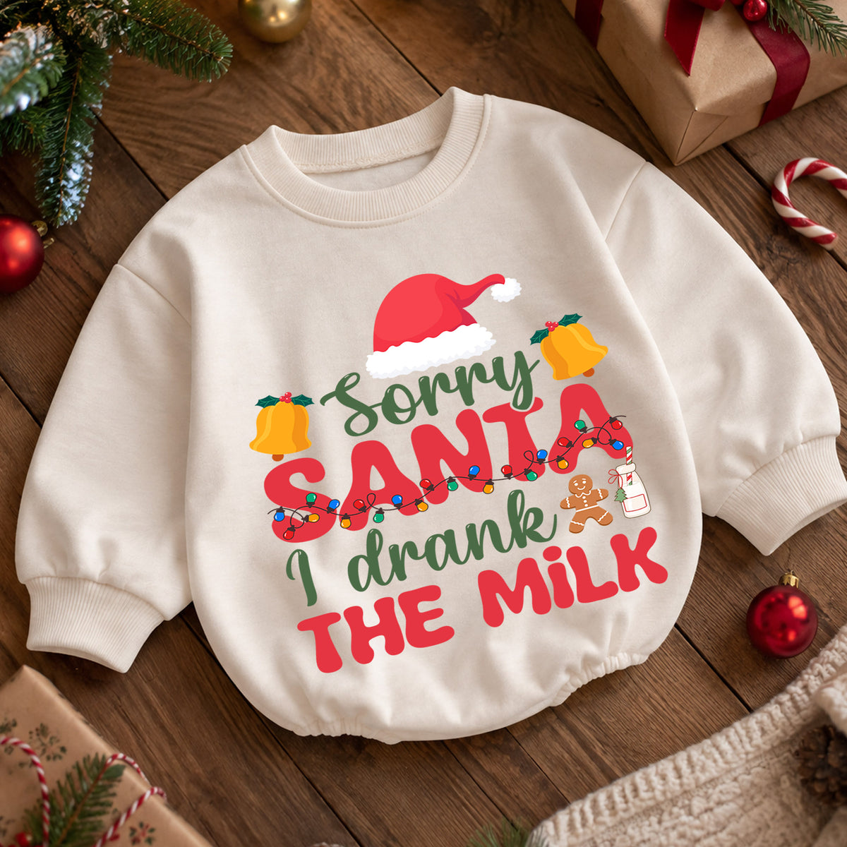 Sorry Santa I Drank the Milk Baby Romper, Christmas Lights Romper, Funny Toddler Xmas Outfit, Christmas Eve Gift — product view 5