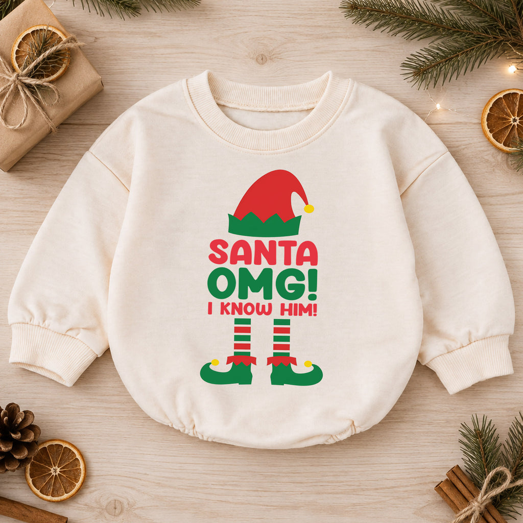 Santa OMG I Know Him Baby Christmas Romper, Funny Santa Toddler Romper, Elf Christmas Outfit, Cute Holiday Baby Romper — product view 1