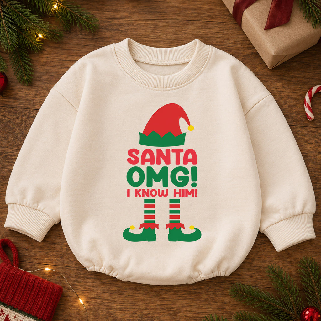 Santa OMG I Know Him Baby Christmas Romper, Funny Santa Toddler Romper, Elf Christmas Outfit, Cute Holiday Baby Romper — product view 2