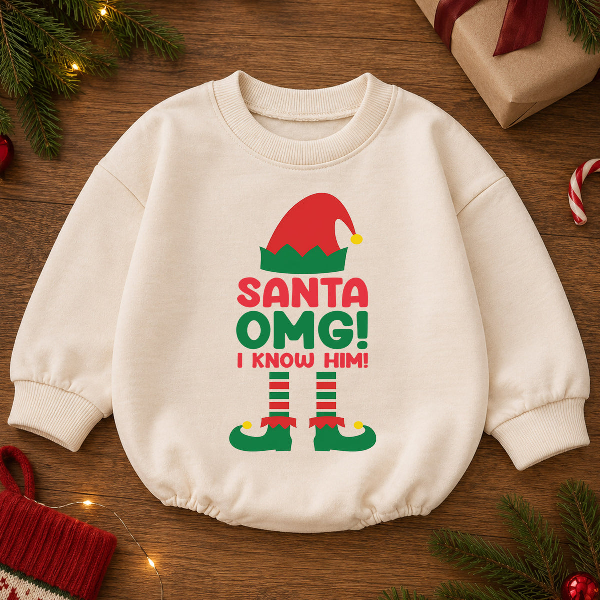 Santa OMG I Know Him Baby Christmas Romper, Funny Santa Toddler Romper, Elf Christmas Outfit, Cute Holiday Baby Romper — product view 2