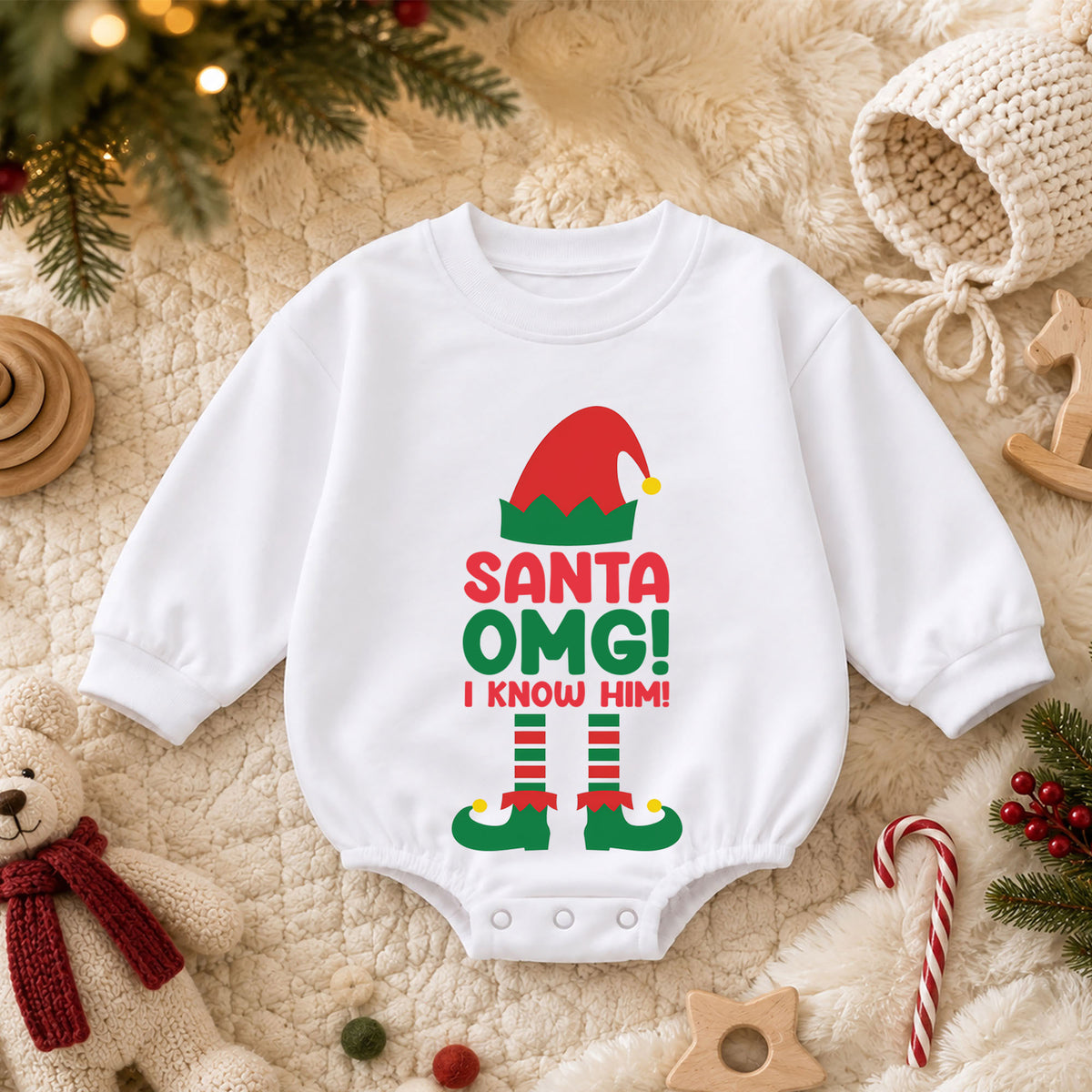 Santa OMG I Know Him Baby Christmas Romper, Funny Santa Toddler Romper, Elf Christmas Outfit, Cute Holiday Baby Romper — product view 3