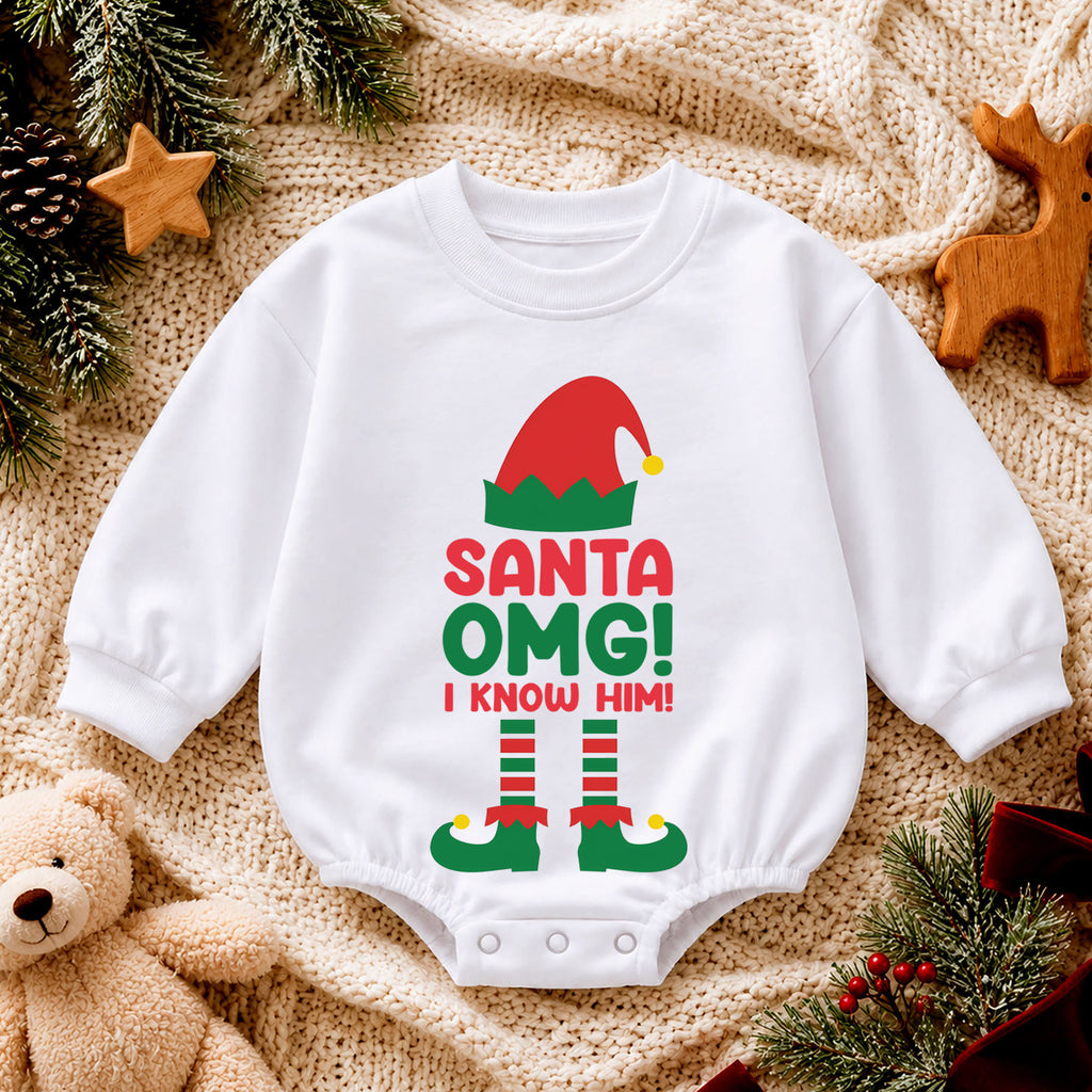 Santa OMG I Know Him Baby Christmas Romper, Funny Santa Toddler Romper, Elf Christmas Outfit, Cute Holiday Baby Romper — product view 4