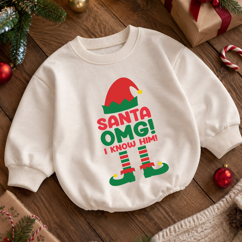 Santa OMG I Know Him Baby Christmas Romper, Funny Santa Toddler Romper, Elf Christmas Outfit, Cute Holiday Baby Romper — product view 5