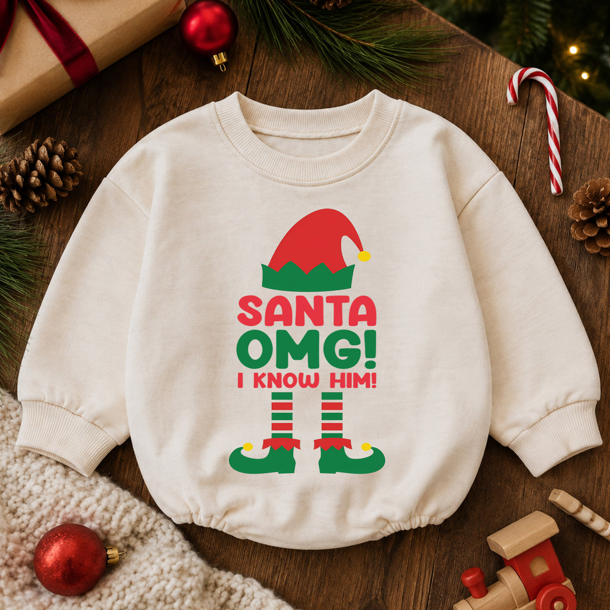 Santa OMG I Know Him Baby Christmas Romper, Funny Santa Toddler Romper, Elf Christmas Outfit, Cute Holiday Baby Romper — product view 6