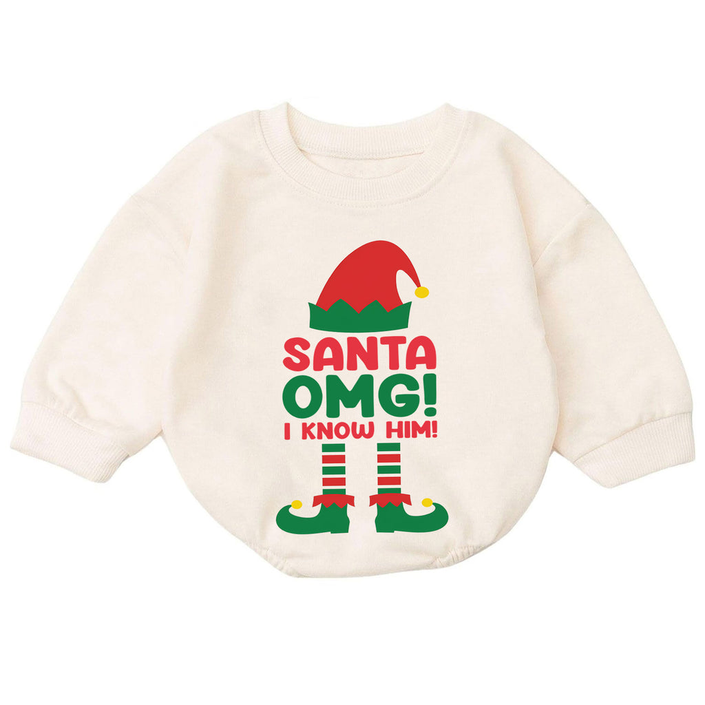 Santa OMG I Know Him Baby Christmas Romper, Funny Santa Toddler Romper, Elf Christmas Outfit, Cute Holiday Baby Romper — product view 7