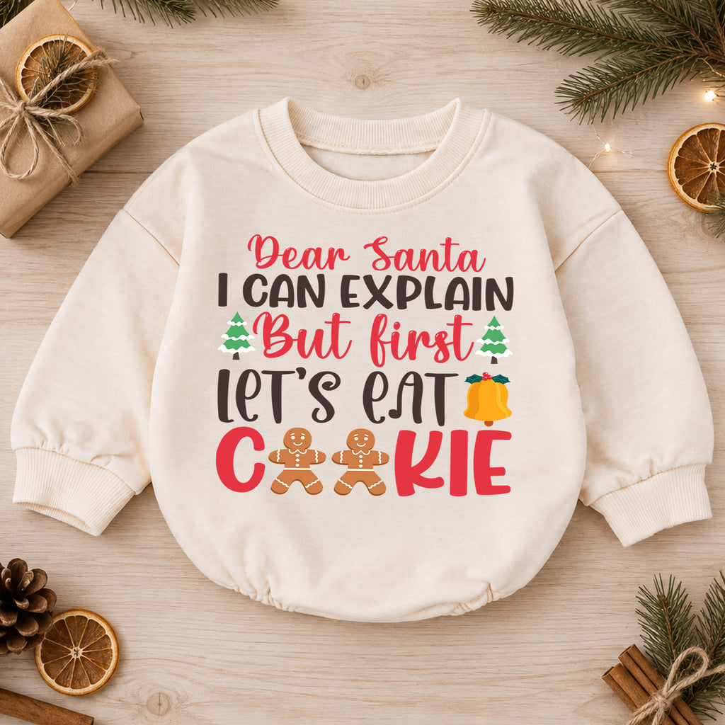 Dear Santa I Can Explain Baby Romper, Lets Eat Cookies Christmas Romper, Funny Toddler Holiday Outfit, Gingerbread Xmas Gift — product view 1