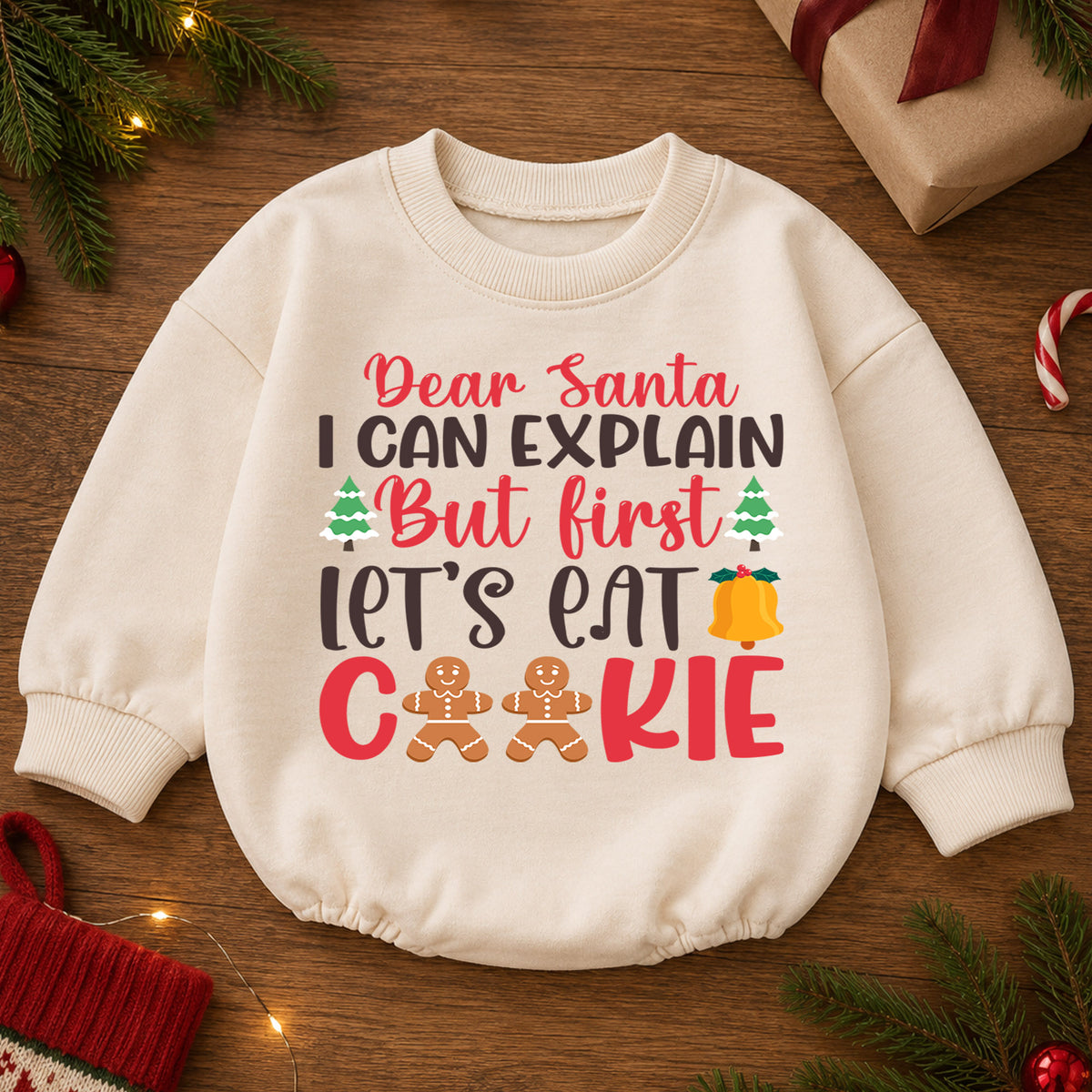 Dear Santa I Can Explain Baby Romper, Lets Eat Cookies Christmas Romper, Funny Toddler Holiday Outfit, Gingerbread Xmas Gift — product view 2