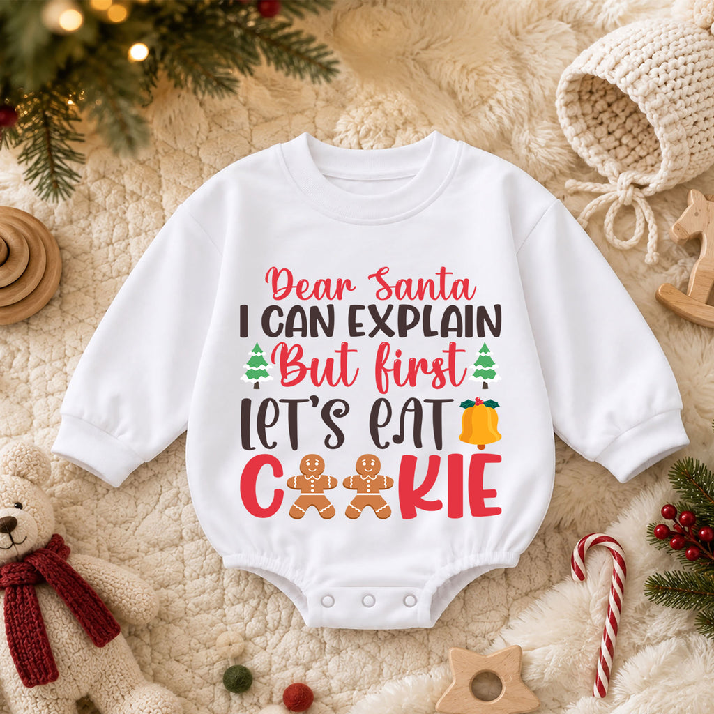 Dear Santa I Can Explain Baby Romper, Lets Eat Cookies Christmas Romper, Funny Toddler Holiday Outfit, Gingerbread Xmas Gift — product view 3