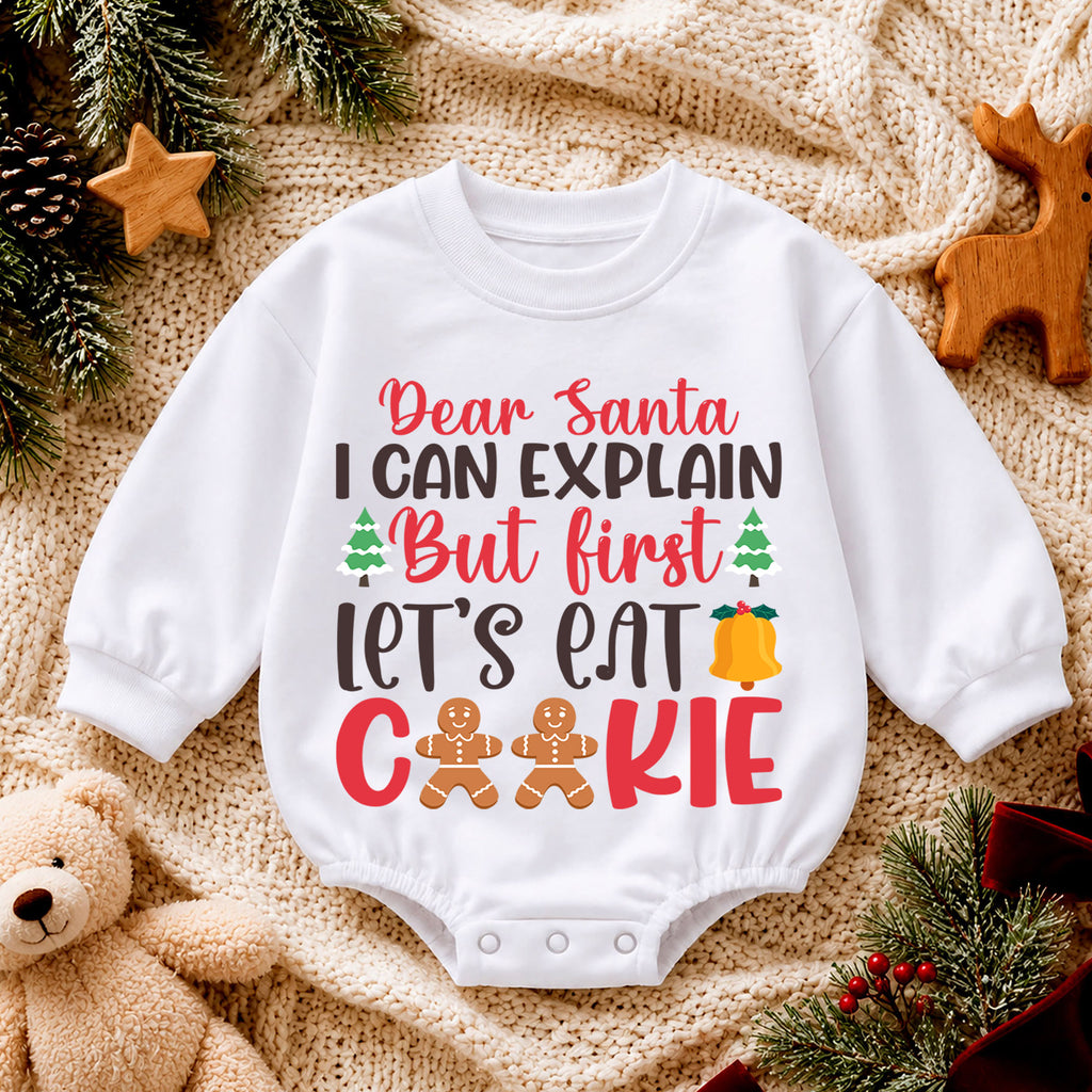 Dear Santa I Can Explain Baby Romper, Lets Eat Cookies Christmas Romper, Funny Toddler Holiday Outfit, Gingerbread Xmas Gift — product view 4