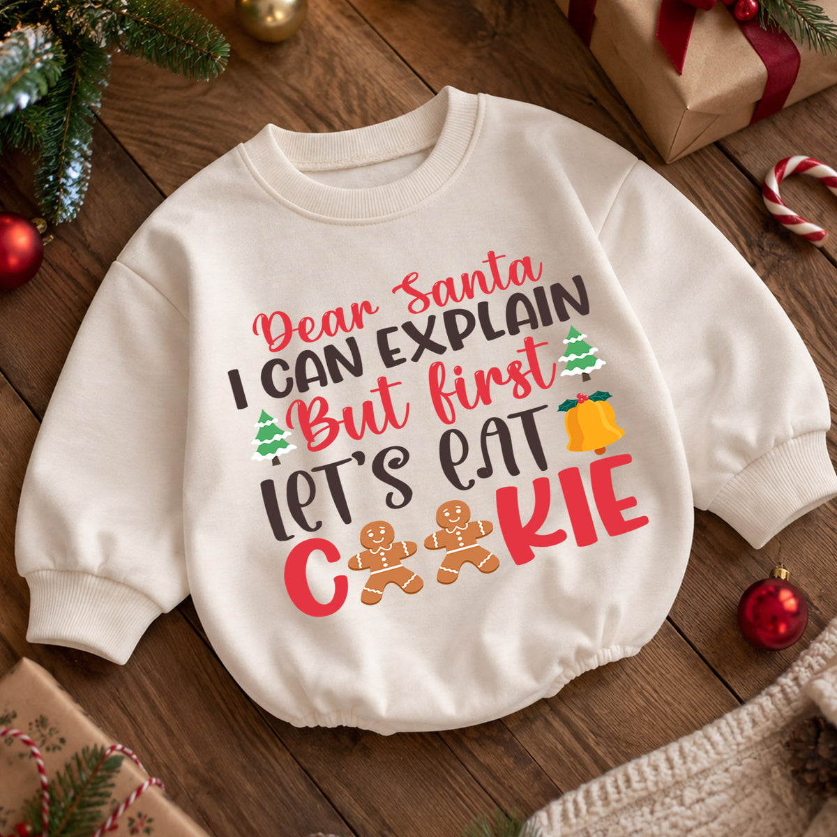 Dear Santa I Can Explain Baby Romper, Lets Eat Cookies Christmas Romper, Funny Toddler Holiday Outfit, Gingerbread Xmas Gift — product view 5
