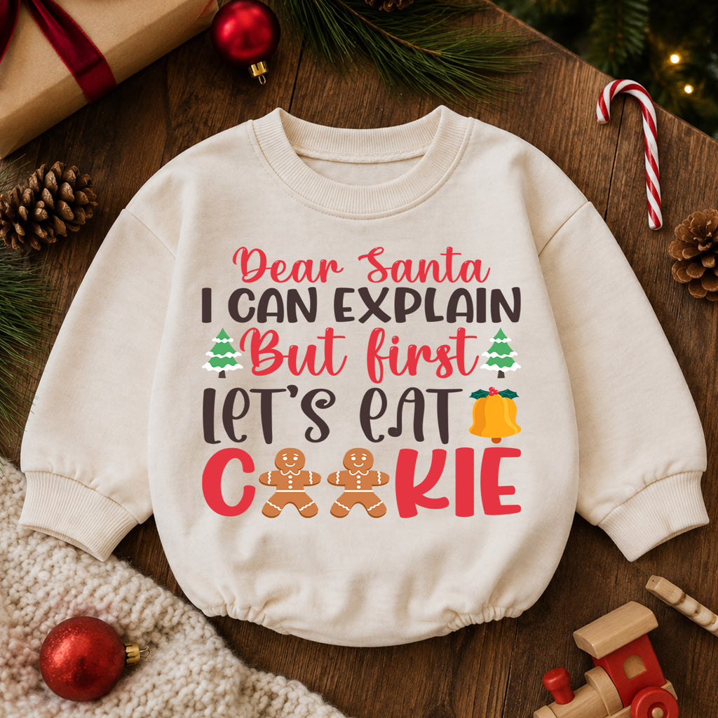 Dear Santa I Can Explain Baby Romper, Lets Eat Cookies Christmas Romper, Funny Toddler Holiday Outfit, Gingerbread Xmas Gift — product view 6