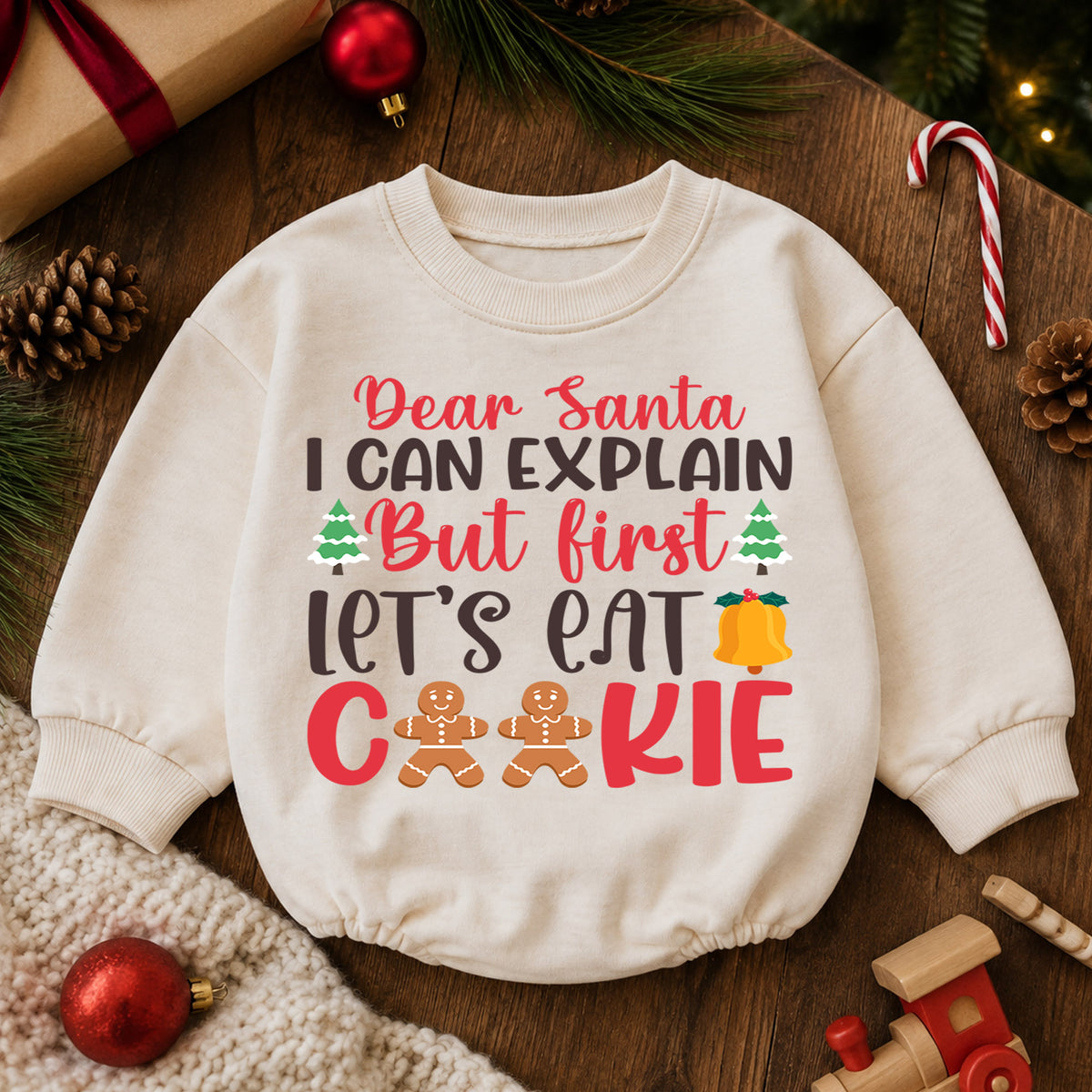Dear Santa I Can Explain Baby Romper, Lets Eat Cookies Christmas Romper, Funny Toddler Holiday Outfit, Gingerbread Xmas Gift — product view 6