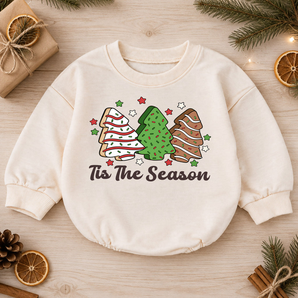 Tis the Season Christmas Cookie Baby Romper, Tree Cookie Holiday Romper, Toddler Xmas Outfit, Baking Christmas Gift — product view 1