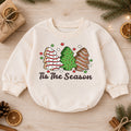 Tis the Season Christmas Cookie Baby Romper, Tree Cookie Holiday Romper, Toddler Xmas Outfit, Baking Christmas Gift — product view 1