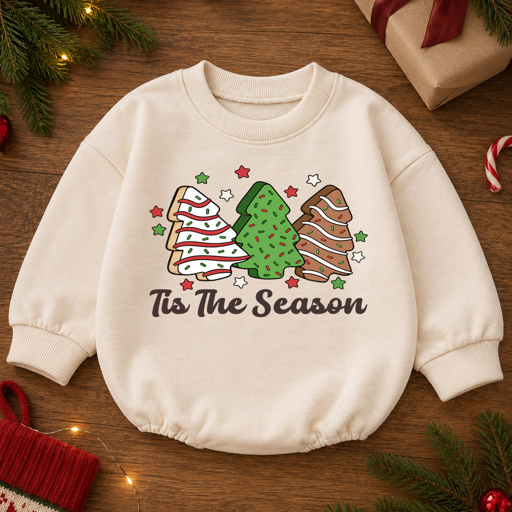 Tis the Season Christmas Cookie Baby Romper, Tree Cookie Holiday Romper, Toddler Xmas Outfit, Baking Christmas Gift — product view 2