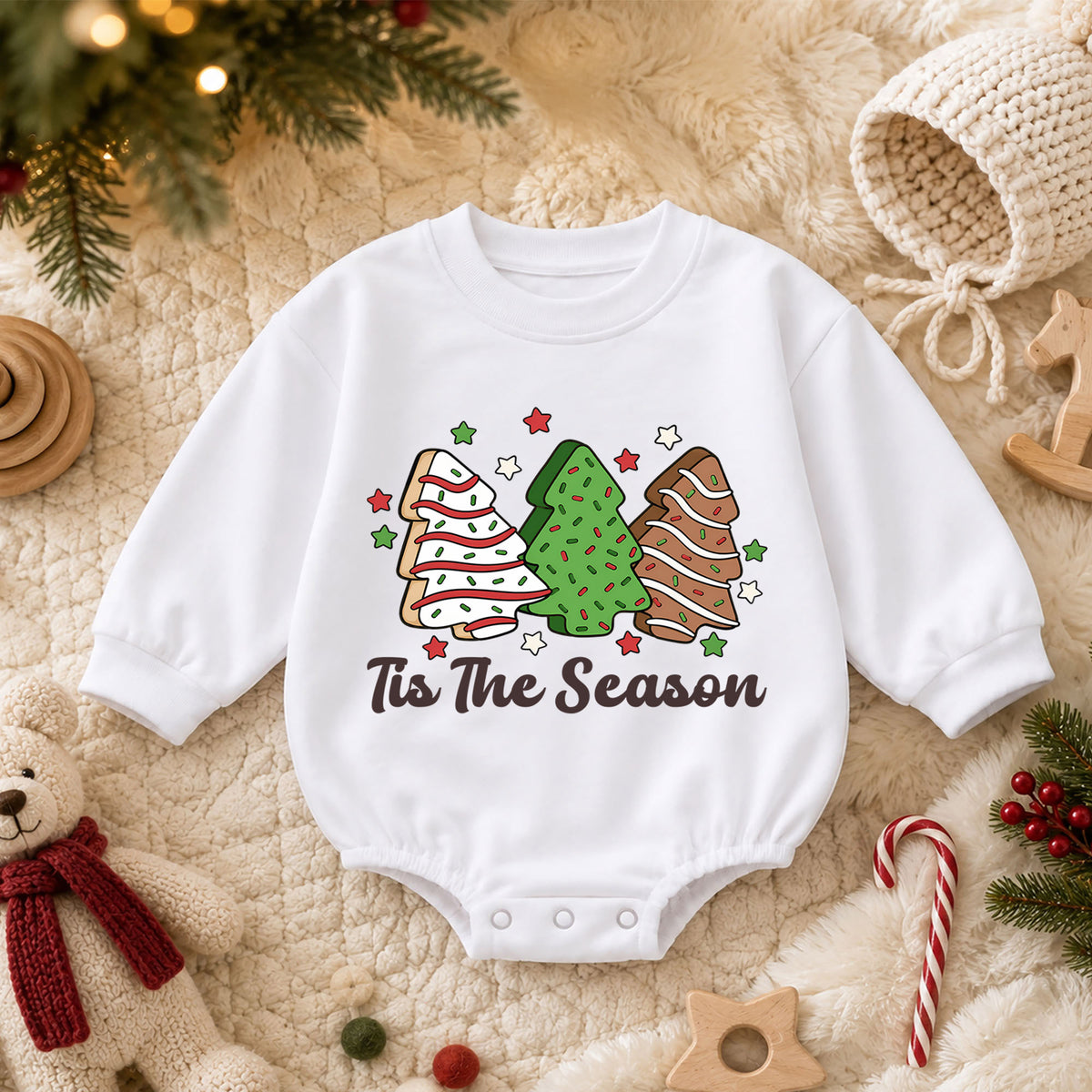 Tis the Season Christmas Cookie Baby Romper, Tree Cookie Holiday Romper, Toddler Xmas Outfit, Baking Christmas Gift — product view 3