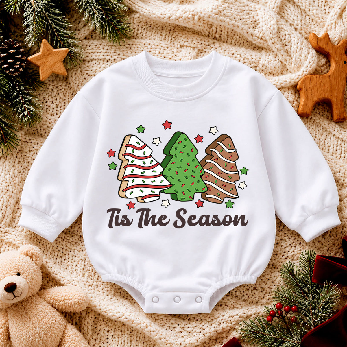 Tis the Season Christmas Cookie Baby Romper, Tree Cookie Holiday Romper, Toddler Xmas Outfit, Baking Christmas Gift — product view 4