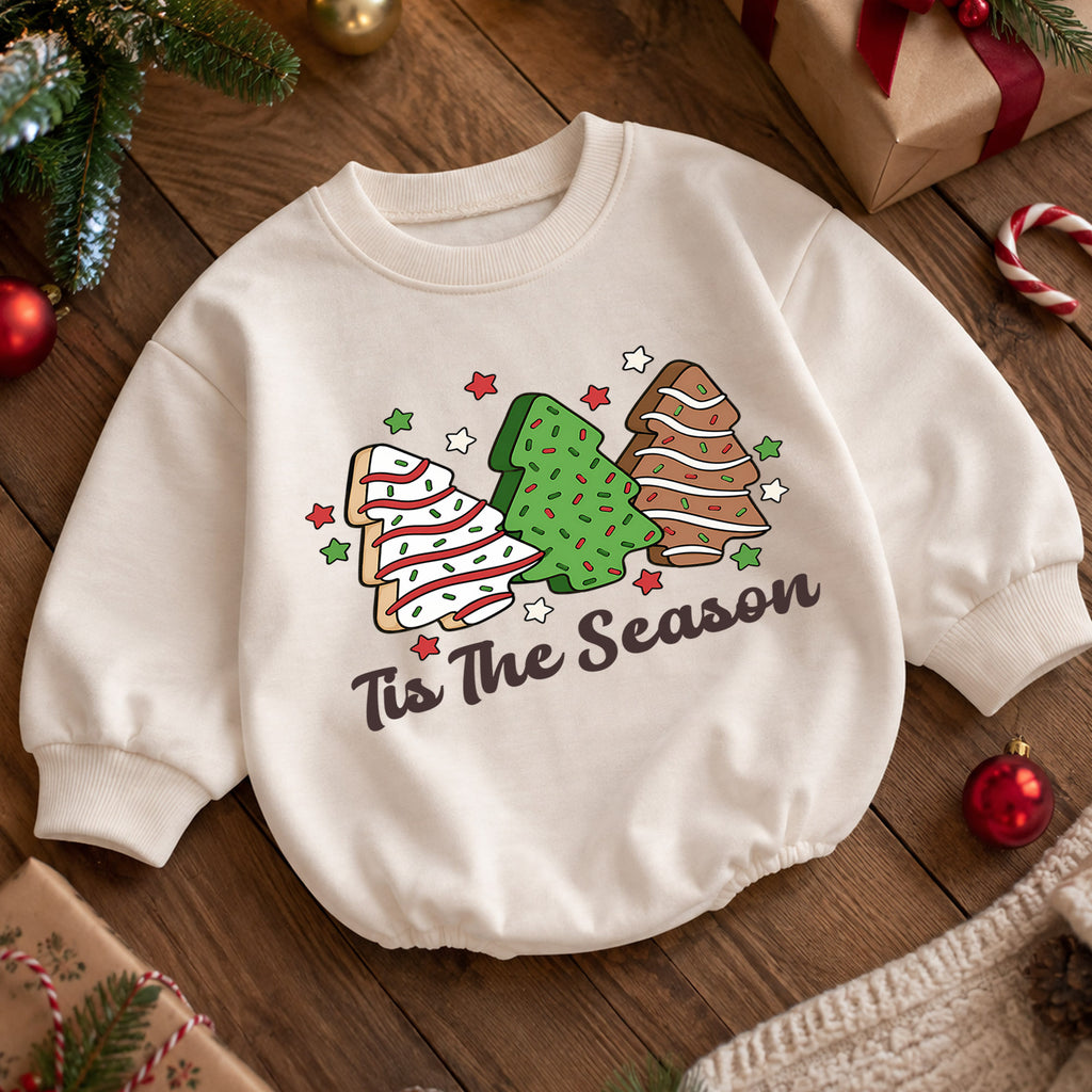 Tis the Season Christmas Cookie Baby Romper, Tree Cookie Holiday Romper, Toddler Xmas Outfit, Baking Christmas Gift — product view 5