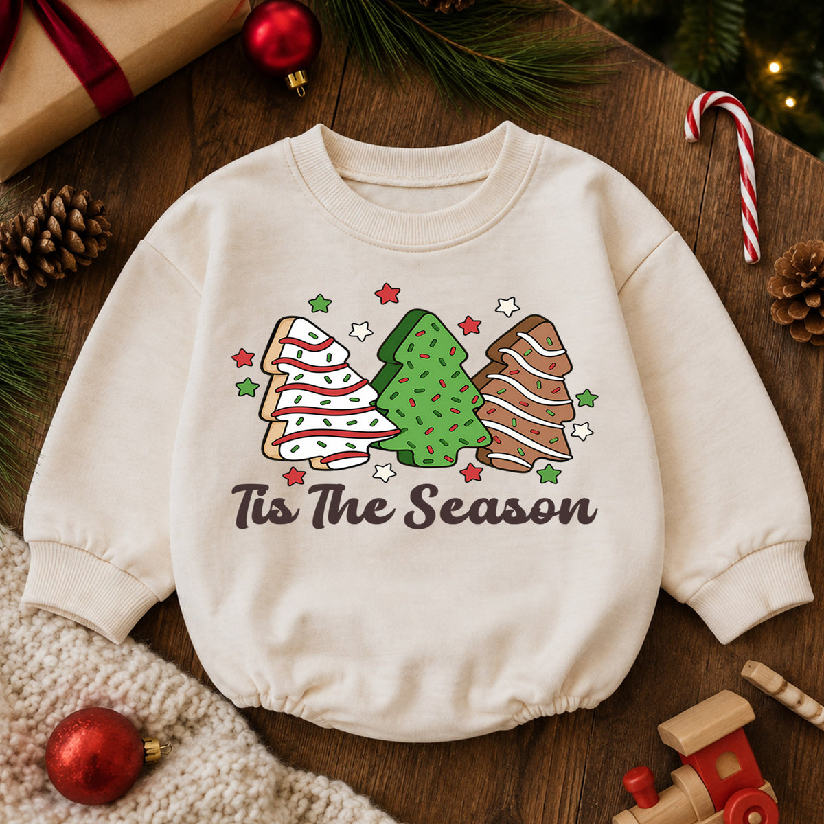 Tis the Season Christmas Cookie Baby Romper, Tree Cookie Holiday Romper, Toddler Xmas Outfit, Baking Christmas Gift — product view 6