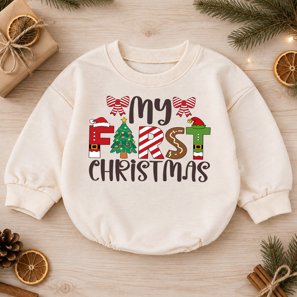 My First Christmas Baby Romper, Baby First Christmas Outfit, Christmas Romper, Holiday Baby Romper, Cute Xmas Gift for Baby — product view 1