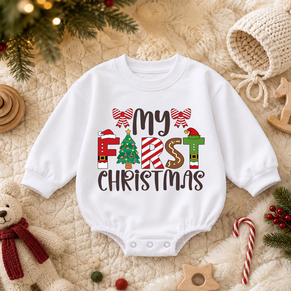 My First Christmas Baby Romper, Baby First Christmas Outfit, Christmas Romper, Holiday Baby Romper, Cute Xmas Gift for Baby — product view 3