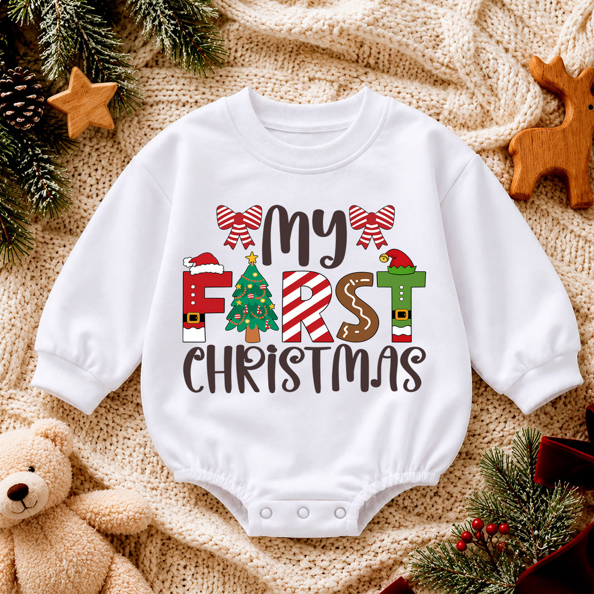 My First Christmas Baby Romper, Baby First Christmas Outfit, Christmas Romper, Holiday Baby Romper, Cute Xmas Gift for Baby — product view 4