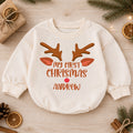 Custom Name Christmas Baby Romper, Personalized Festive Letter Outfit, Reindeer Santa 1st Christmas Holiday Gift for Baby — product view 1