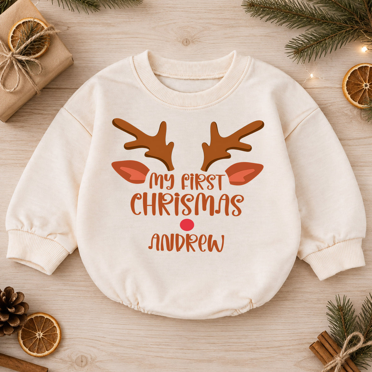 Custom Name Christmas Baby Romper, Personalized Festive Letter Outfit, Reindeer Santa 1st Christmas Holiday Gift for Baby — product view 1