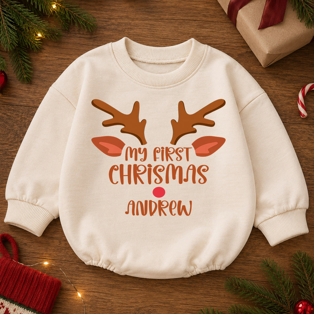 Custom Name Christmas Baby Romper, Personalized Festive Letter Outfit, Reindeer Santa 1st Christmas Holiday Gift for Baby — product view 2