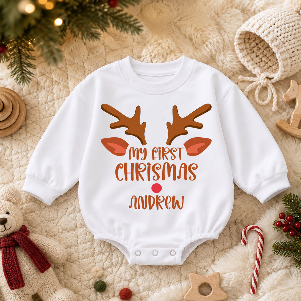 Custom Name Christmas Baby Romper, Personalized Festive Letter Outfit, Reindeer Santa 1st Christmas Holiday Gift for Baby — product view 3