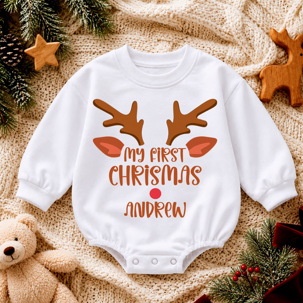 Custom Name Christmas Baby Romper, Personalized Festive Letter Outfit, Reindeer Santa 1st Christmas Holiday Gift for Baby — product view 4