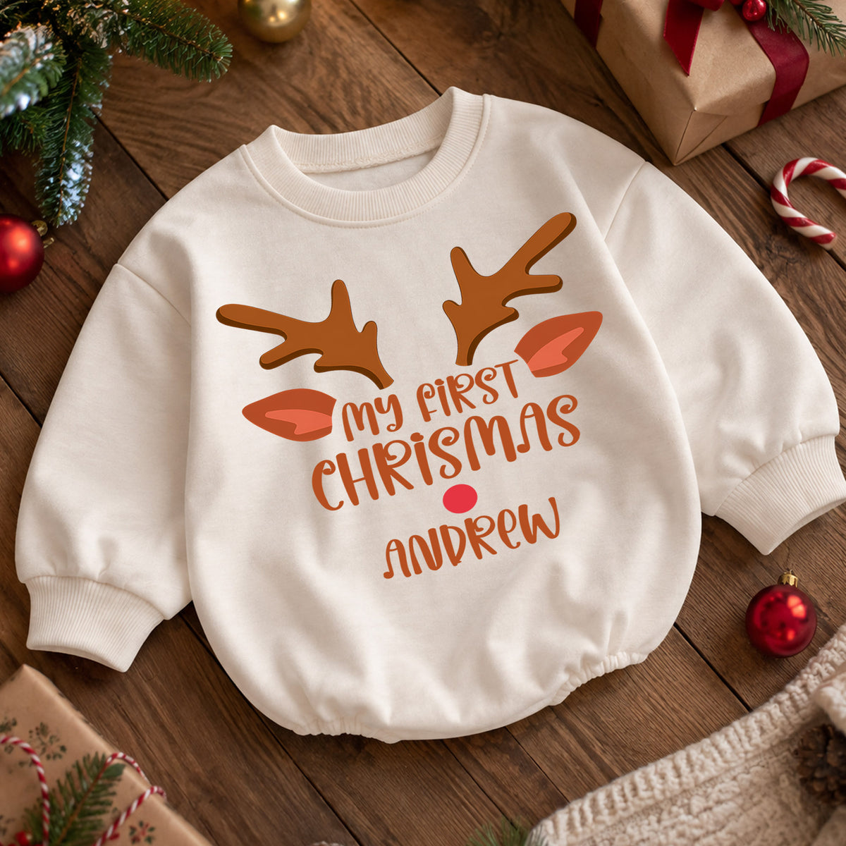 Custom Name Christmas Baby Romper, Personalized Festive Letter Outfit, Reindeer Santa 1st Christmas Holiday Gift for Baby — product view 5