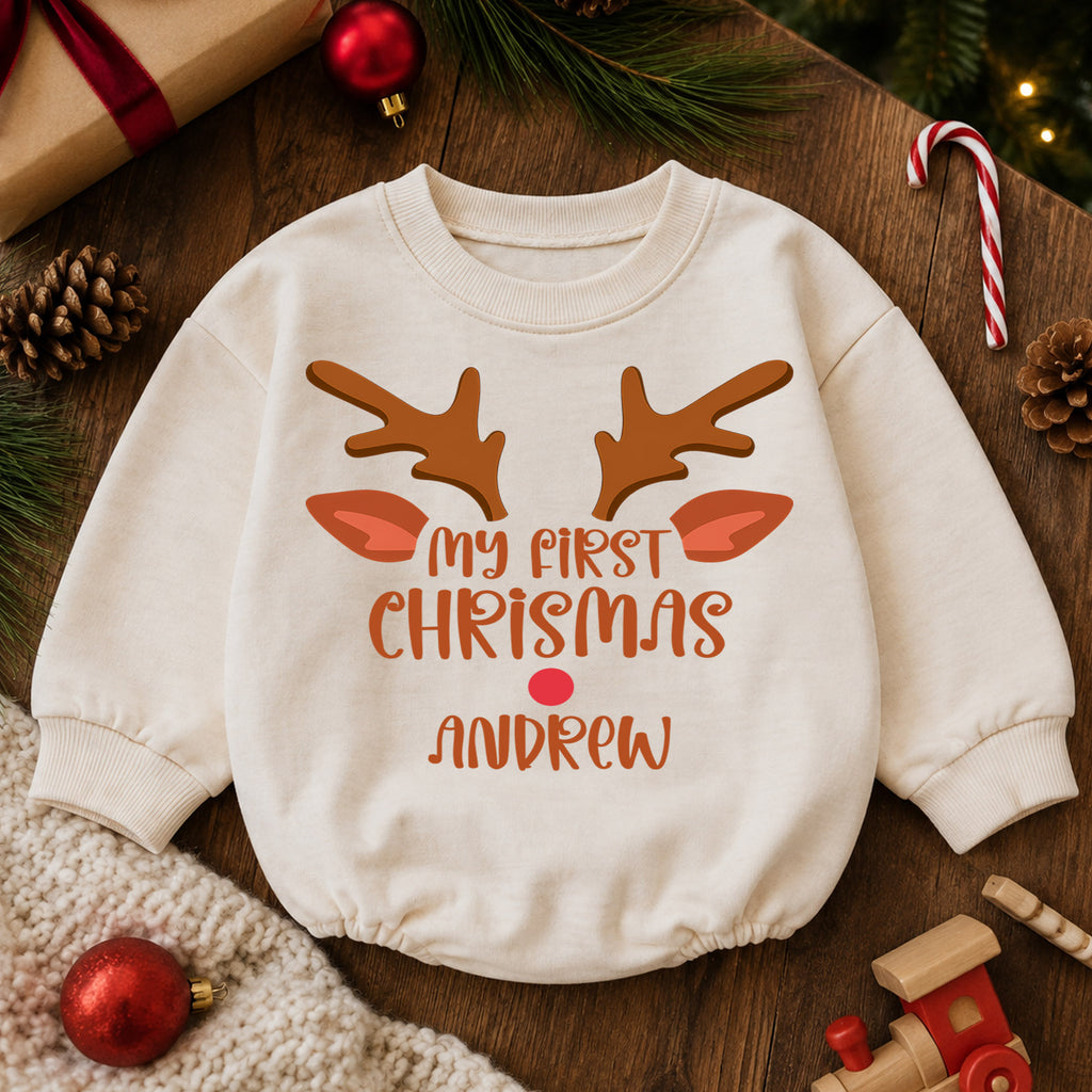 Custom Name Christmas Baby Romper, Personalized Festive Letter Outfit, Reindeer Santa 1st Christmas Holiday Gift for Baby — product view 6
