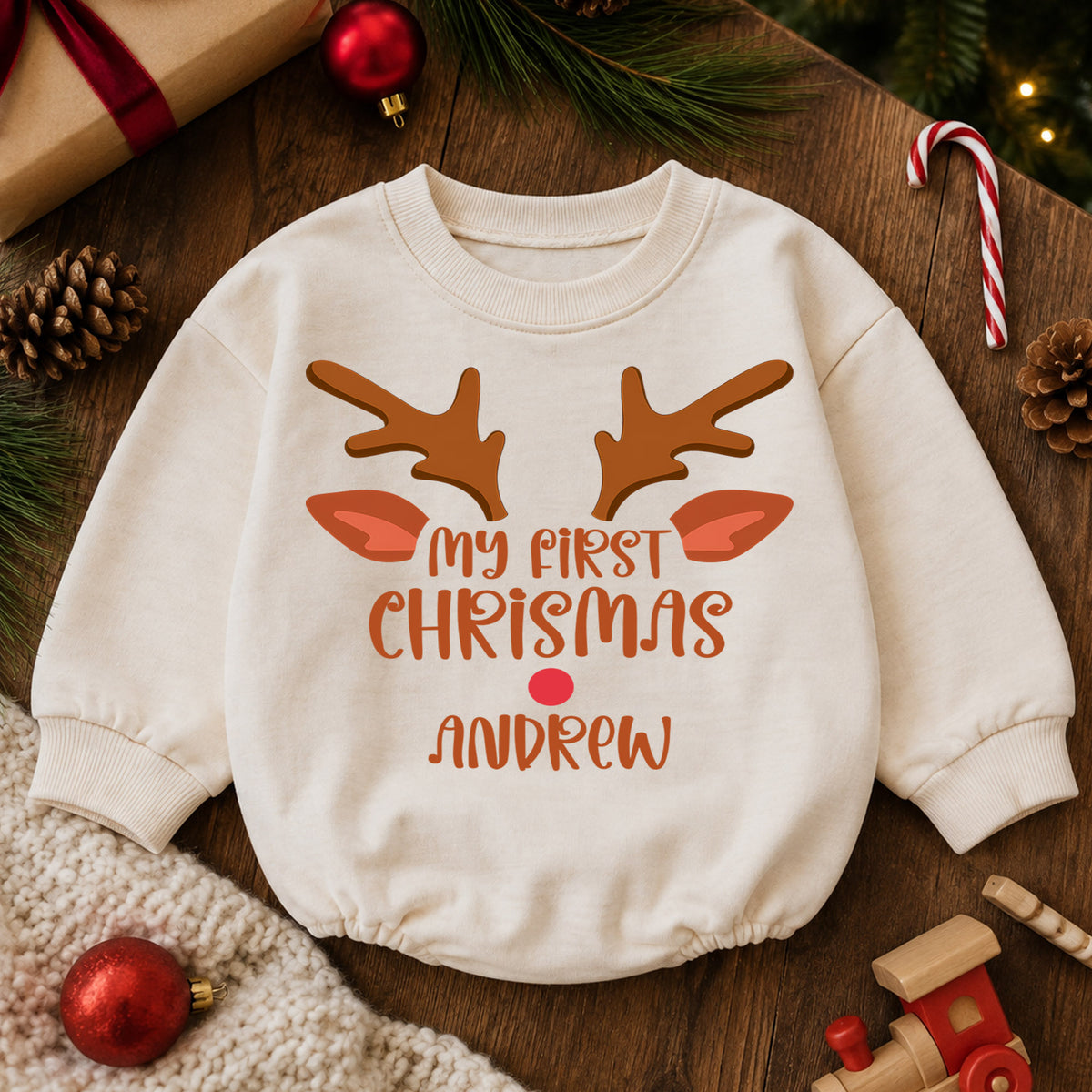 Custom Name Christmas Baby Romper, Personalized Festive Letter Outfit, Reindeer Santa 1st Christmas Holiday Gift for Baby — product view 6