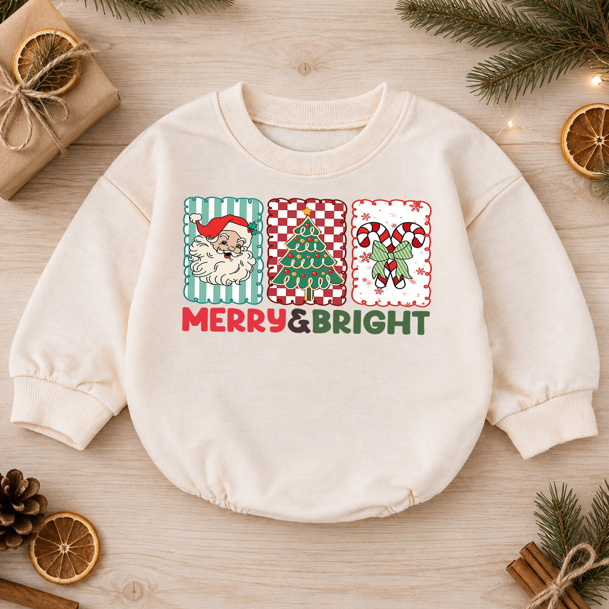 Merry and Bright Christmas Baby Romper, Santa Christmas Outfit, Candy Cane Toddler Romper, Cute Holiday Baby Gift, Xmas Outfit — product view 1