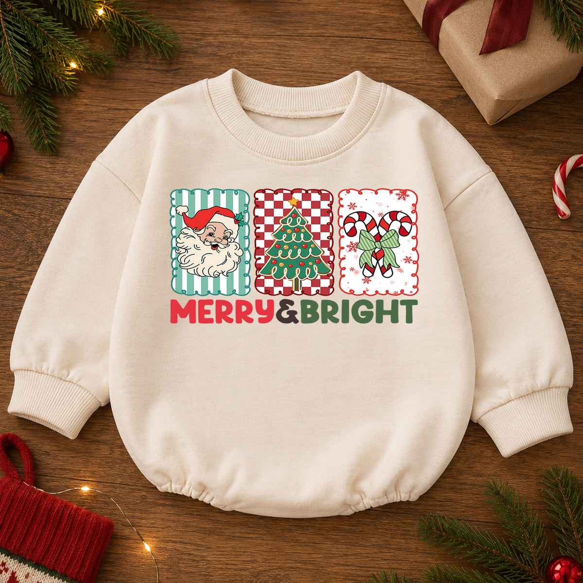 Merry and Bright Christmas Baby Romper, Santa Christmas Outfit, Candy Cane Toddler Romper, Cute Holiday Baby Gift, Xmas Outfit — product view 2