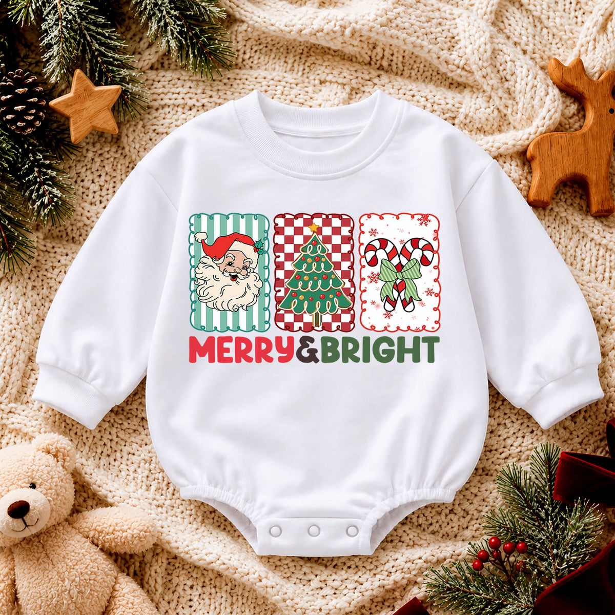 Merry and Bright Christmas Baby Romper, Santa Christmas Outfit, Candy Cane Toddler Romper, Cute Holiday Baby Gift, Xmas Outfit — product view 4
