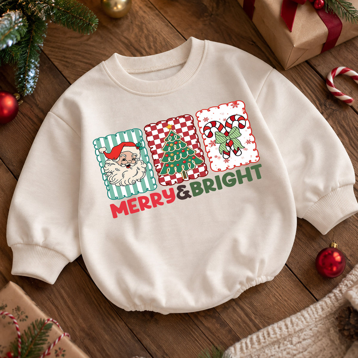 Merry and Bright Christmas Baby Romper, Santa Christmas Outfit, Candy Cane Toddler Romper, Cute Holiday Baby Gift, Xmas Outfit — product view 5