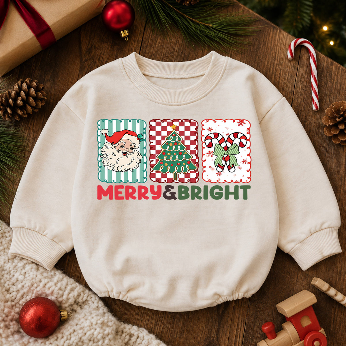 Merry and Bright Christmas Baby Romper, Santa Christmas Outfit, Candy Cane Toddler Romper, Cute Holiday Baby Gift, Xmas Outfit — product view 6