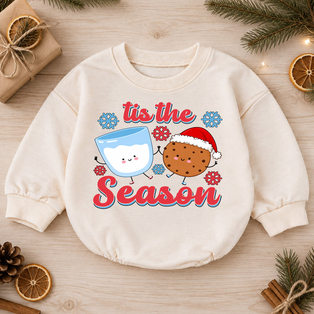 Tis the Season Milk and Cookies Baby Romper, Cute Christmas Cookie Romper, Toddler Holiday Outfit, Xmas Baking Gift — product view 1